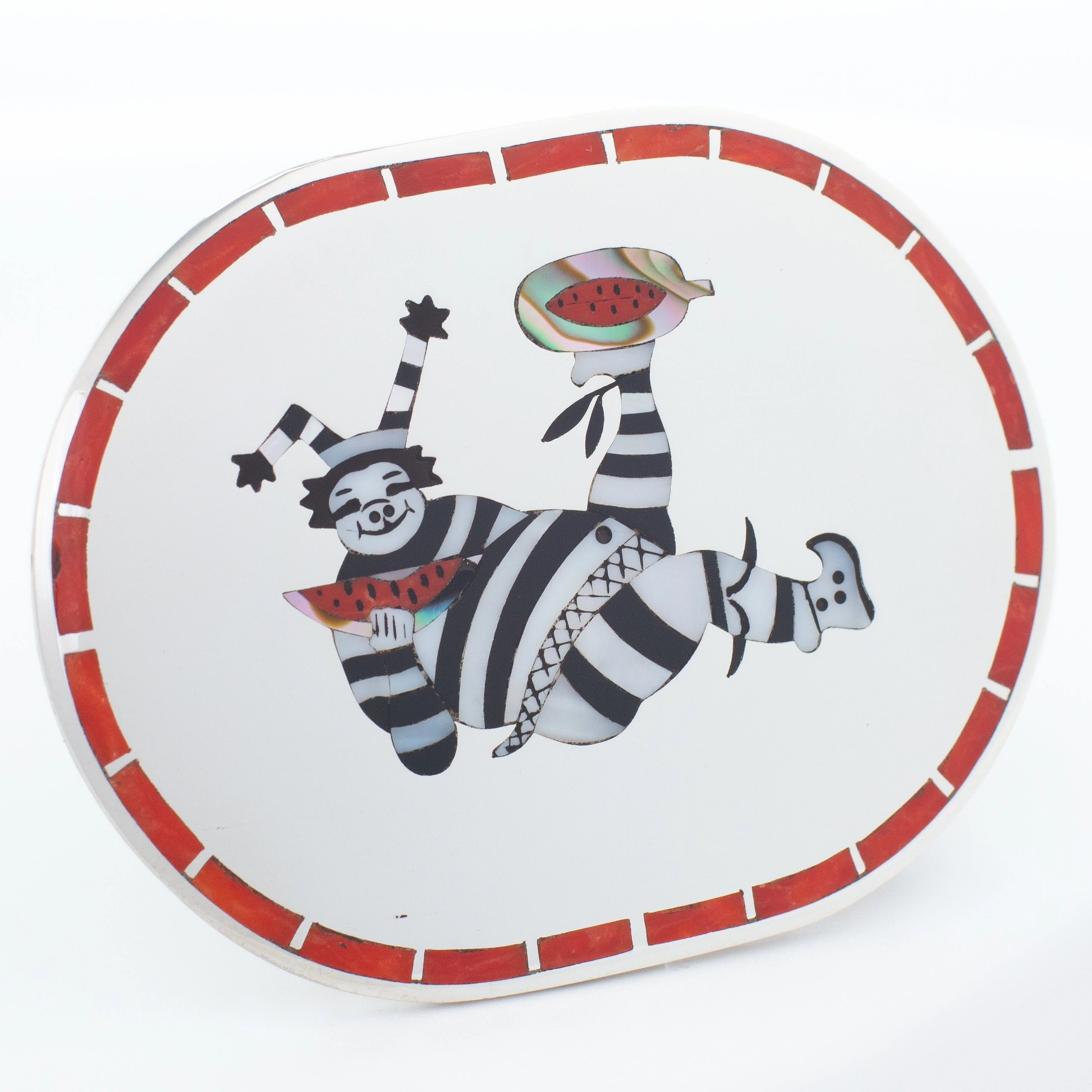 Impeccable Highlight Elegant Flow Dennis Edaakie Zuni Handmade Sterling Silver Koshare Clown Inlay Belt Buckle