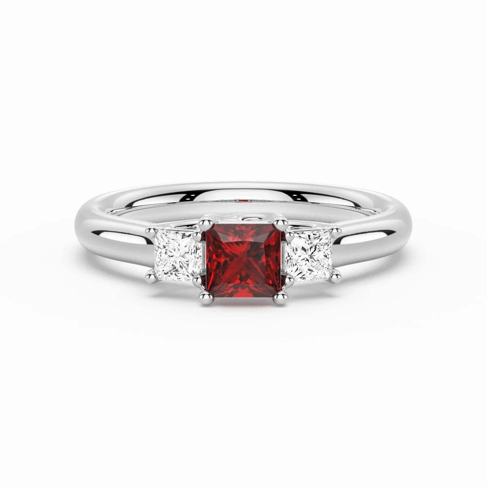Red Dress Vibrant Glow Lab Grown Ruby and Princess Cut Diamond Three Stone Ring