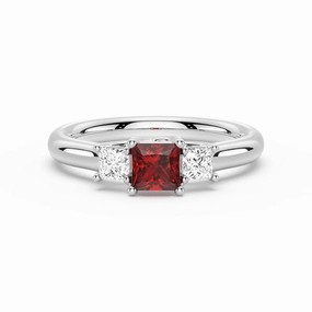 Red Dress Vibrant Glow Lab Grown Ruby and Princess Cut Diamond Three Stone Ring