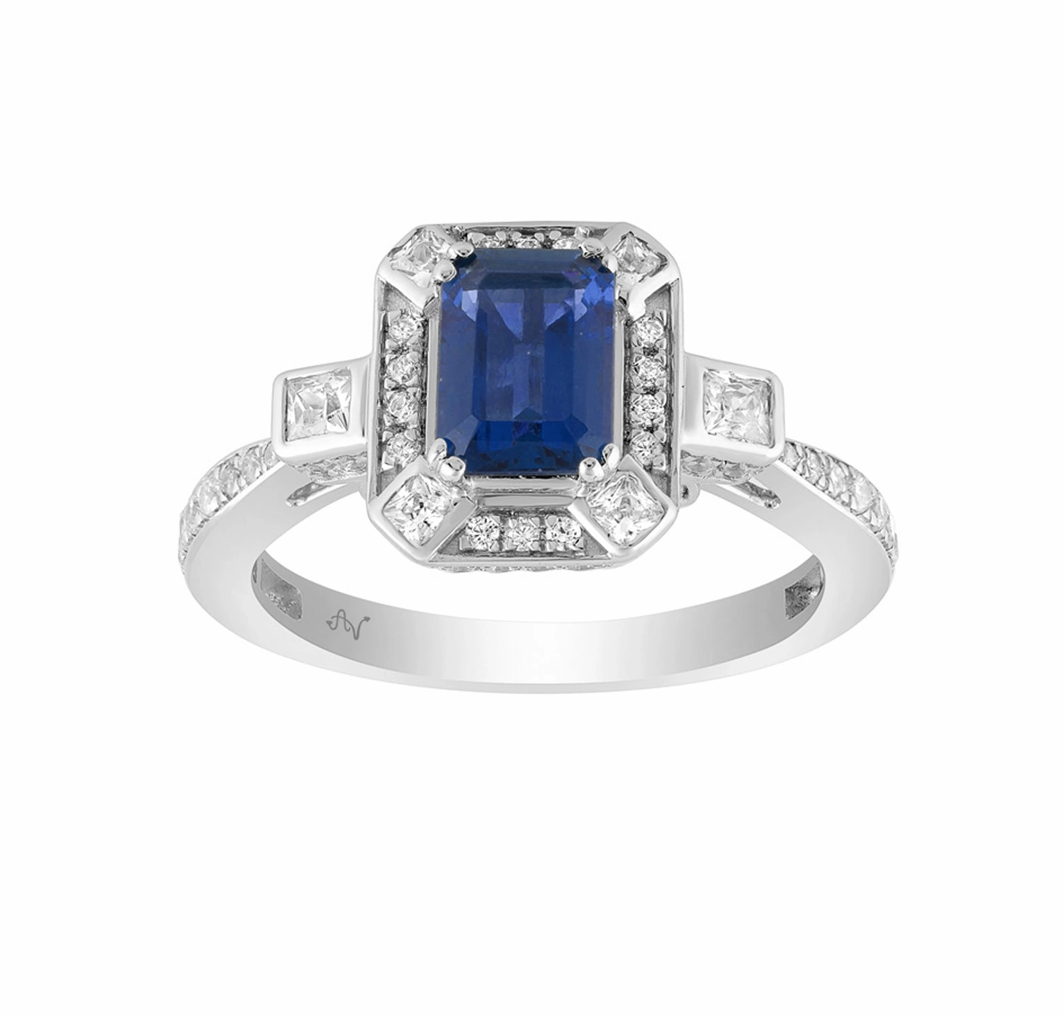 Sophisticated Craft LADIES RING 1.50CT ROUND/PRINCESS/BLUE SAPPHIRE EMERALD DIAMOND 14K WHITE GOLD (CENTER STONE 0.90CT BLUE SAPPHIRE EMERALD DIAMOND)