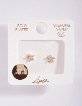 Gold Plated Sterling Silver Cubic Zirconia Flower Stud Earrings Custom Shine Precious Piece