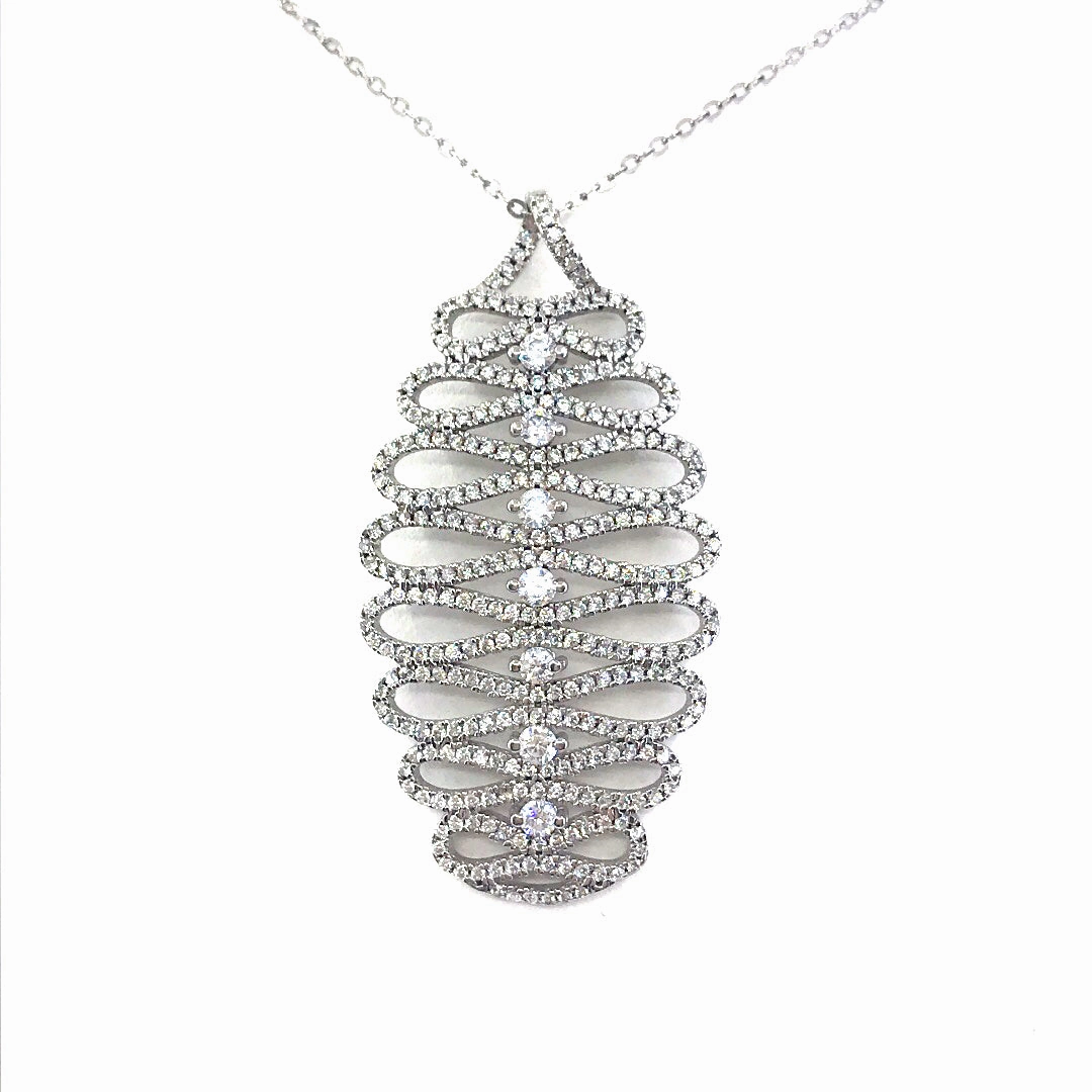 Shiny Details Rhodium Plated Sterling Silver Oval Micro Pave CZ Pendant Necklace