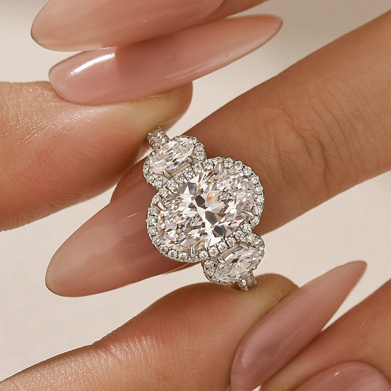 Dainty Choice Weatherproof Layer 2.5Ct Halo Oval Cut Three Stone Engagement Ring Travel Ring In Sterling Silver