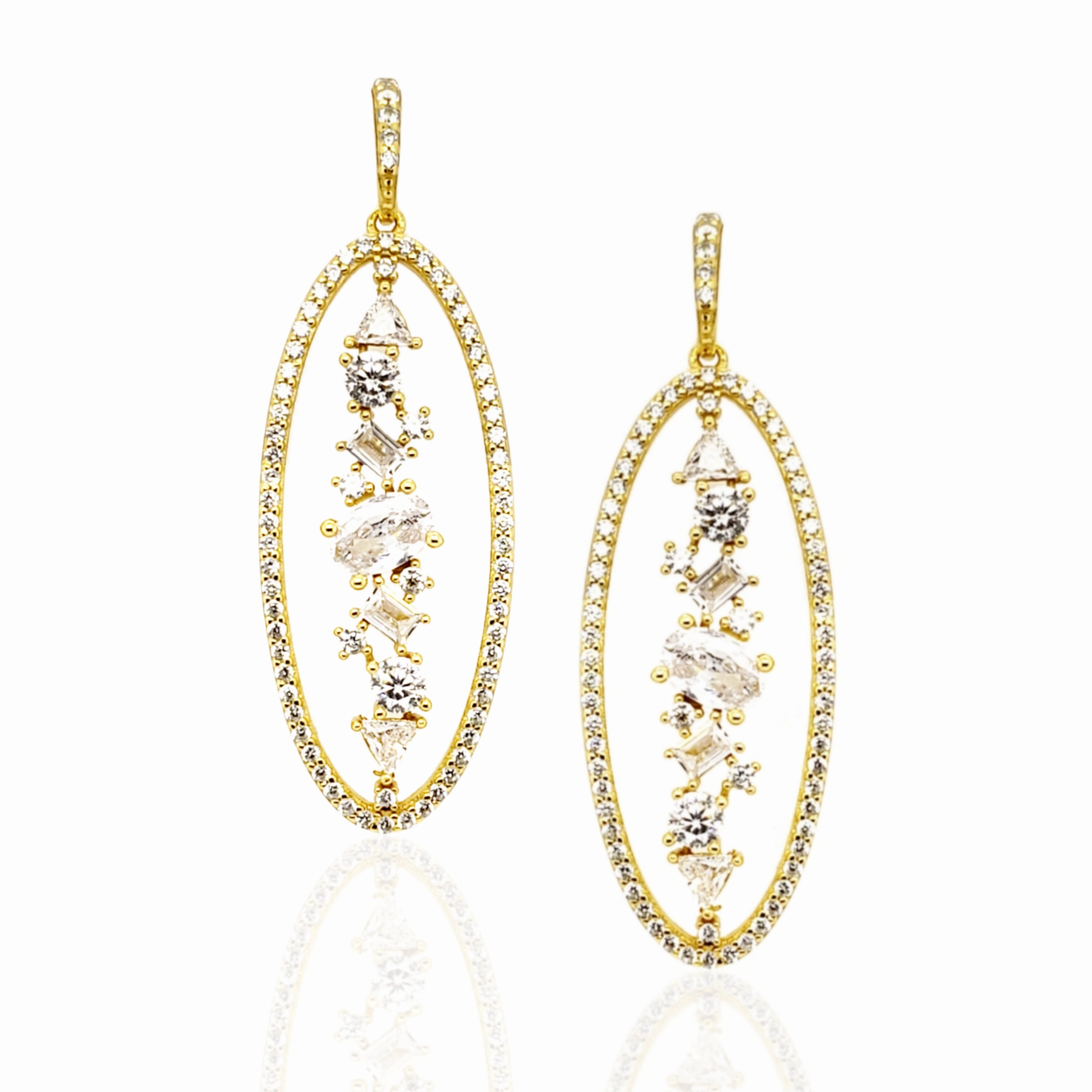 Smooth Surface Gold Plated Sterling Silver Baguette And CZ Oval Earrings