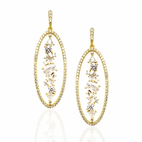 Smooth Surface Gold Plated Sterling Silver Baguette And CZ Oval Earrings