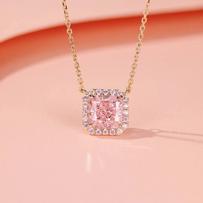 Shiny Item Louily Elegant Halo Cushion Cut Pink Stone Pendant Necklace