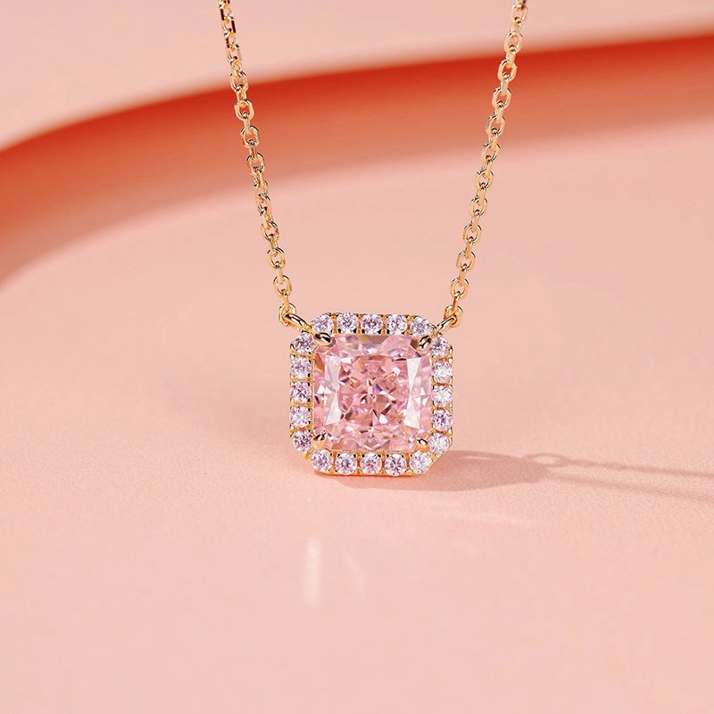 Shiny Item Louily Elegant Halo Cushion Cut Pink Stone Pendant Necklace