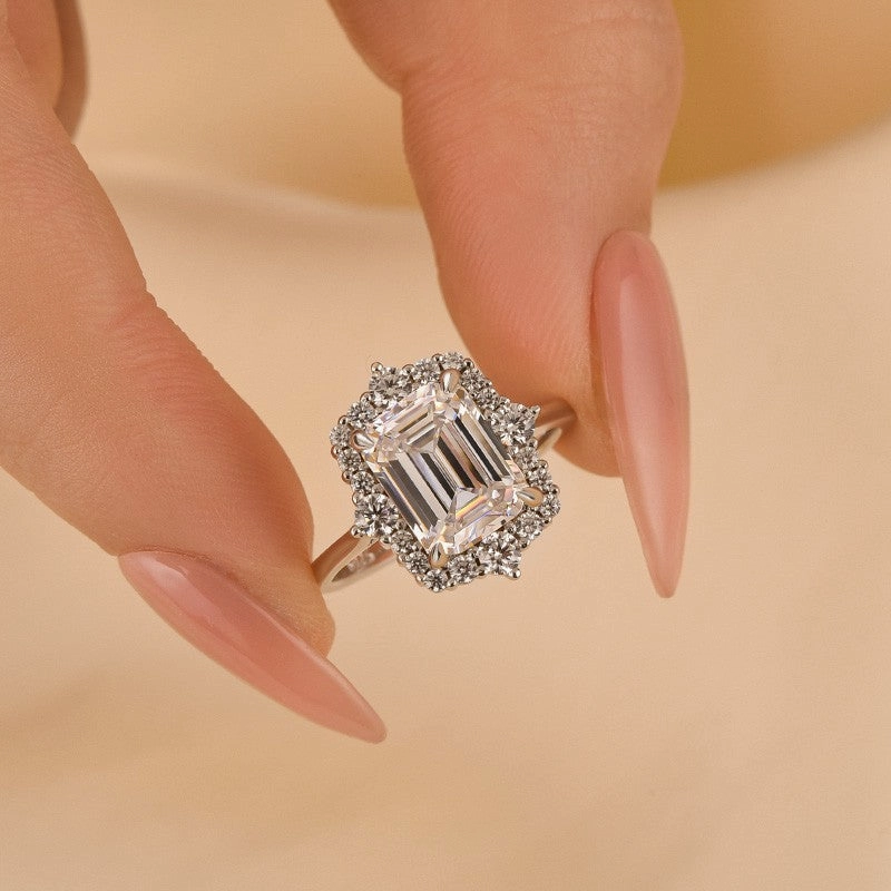 Delicate appearance Vintage 3.0Ct Halo Emerald Cut White Stone Engagement Ring In Sterling Silver