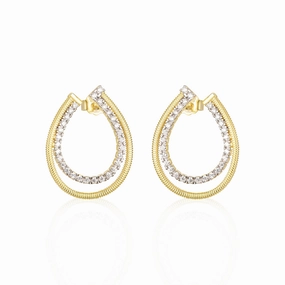 Ocean Breeze Sterling Silver Two Tone CZ Front Back J Hoop Teardrop Earrings