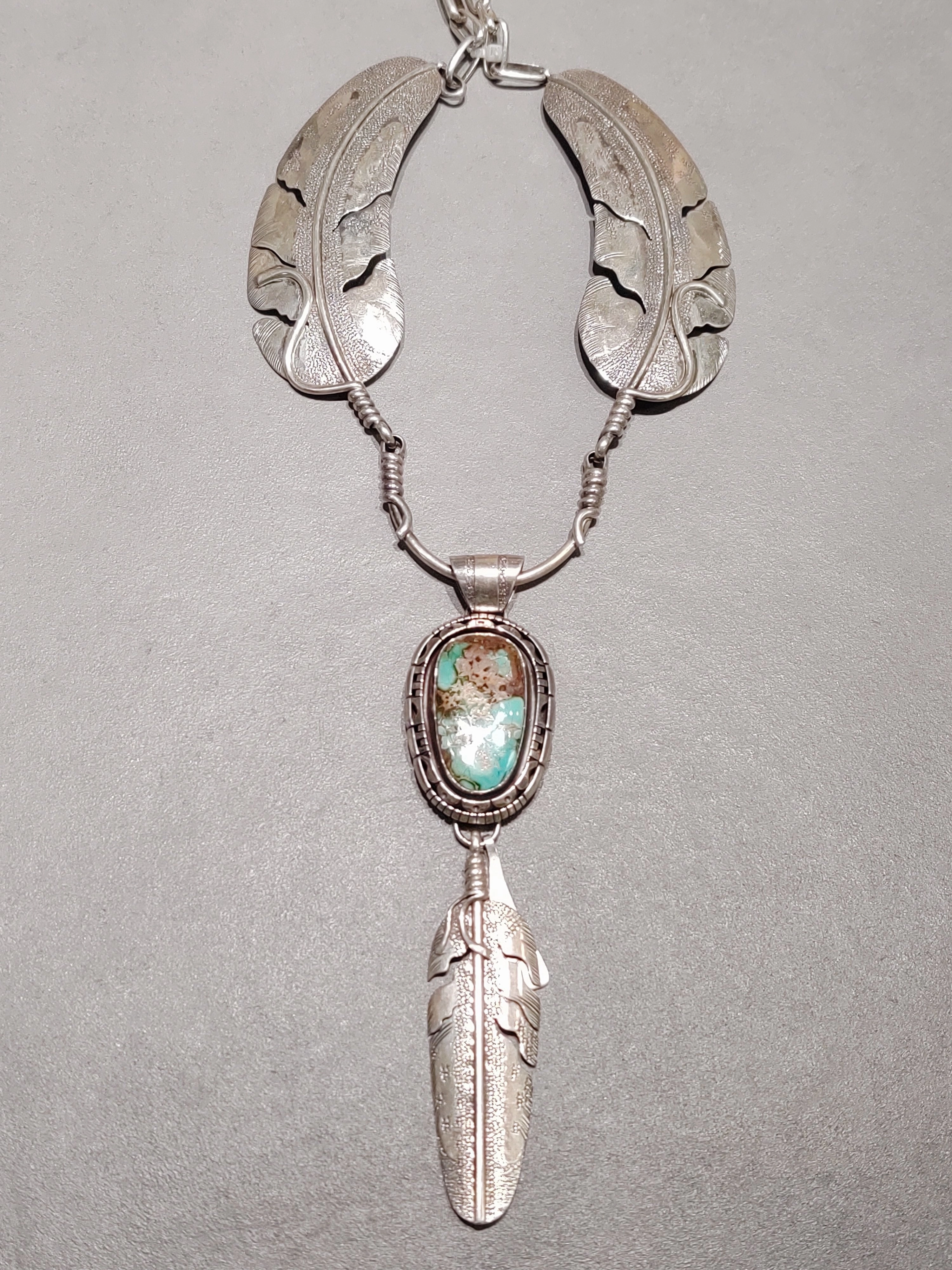 Seasonal Trend Accent Detail Feather Turquoise Necklace - Hallmarked "Billy" - Handmade Native American