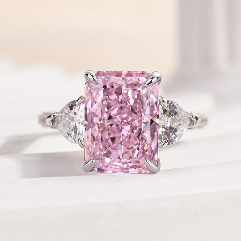 Louily Pink Stone Radiant Cut Three Stone Engagement Ring Eternal Ornament Special Style