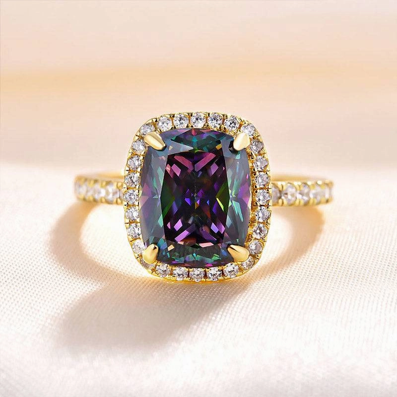 Louily Unique Yellow Gold Halo Cushion Cut Alexandrite Engagement Ring In Sterling Silver Beautiful Object