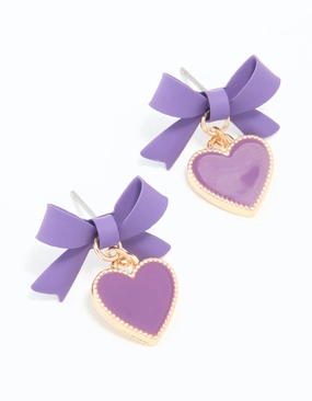 Elegant accessories Distinctive Detailing Gold Light Purple Coated Metal Bow Heart Drop Stud Earrings