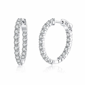 Sterling Silver 28x26MM Oval CZ Hoop Earrings with 3mm CZs Sleek Detail Elegant Embellishments