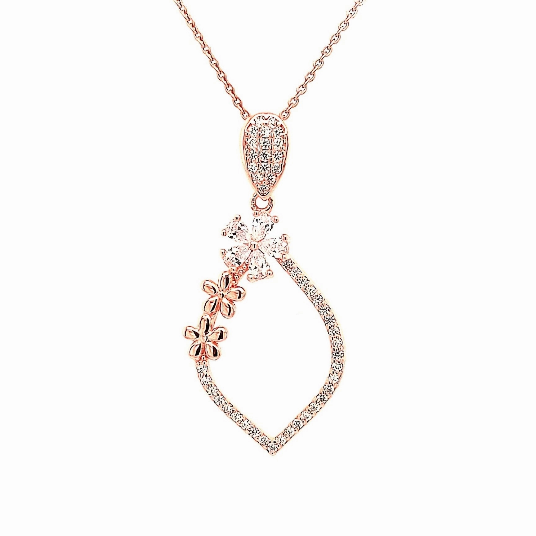 Timeless Shine Sterling Silver Teardrop With Flowers CZ Pendant Necklace