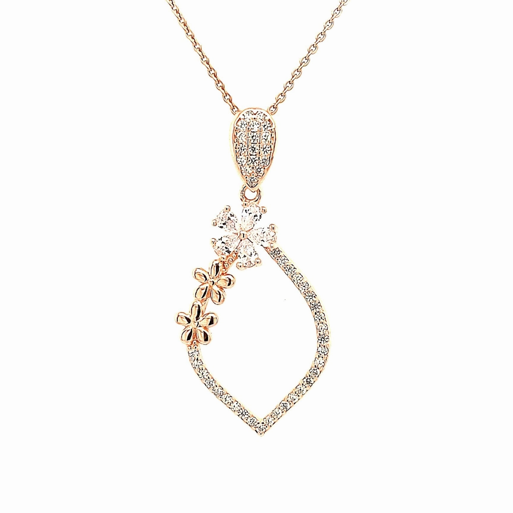 Luxe Shine Radiant Form Sterling Silver Teardrop With Flowers CZ Pendant Necklace