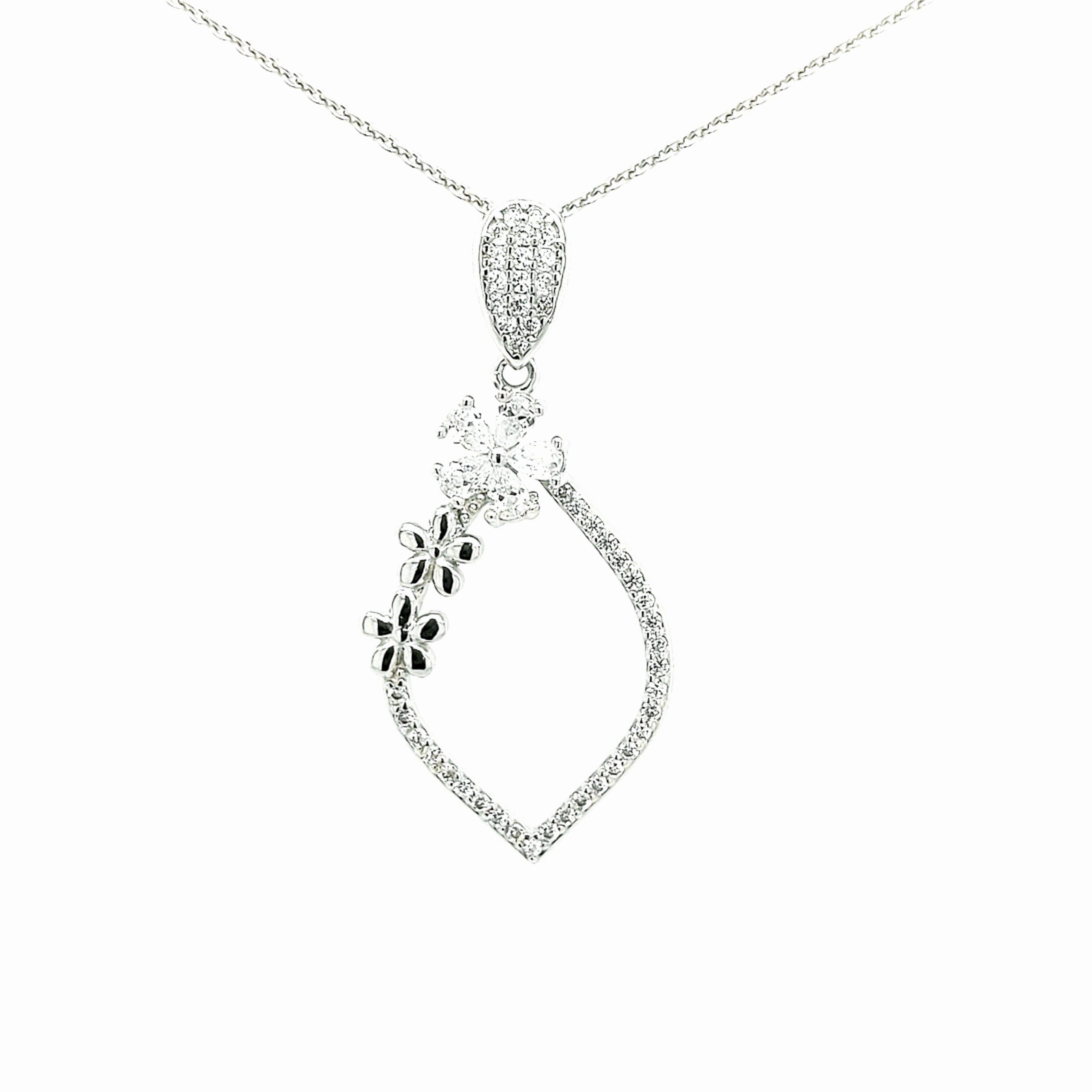 Chic Balance Handcrafted Touch Sterling Silver Teardrop With Flowers CZ Pendant Necklace