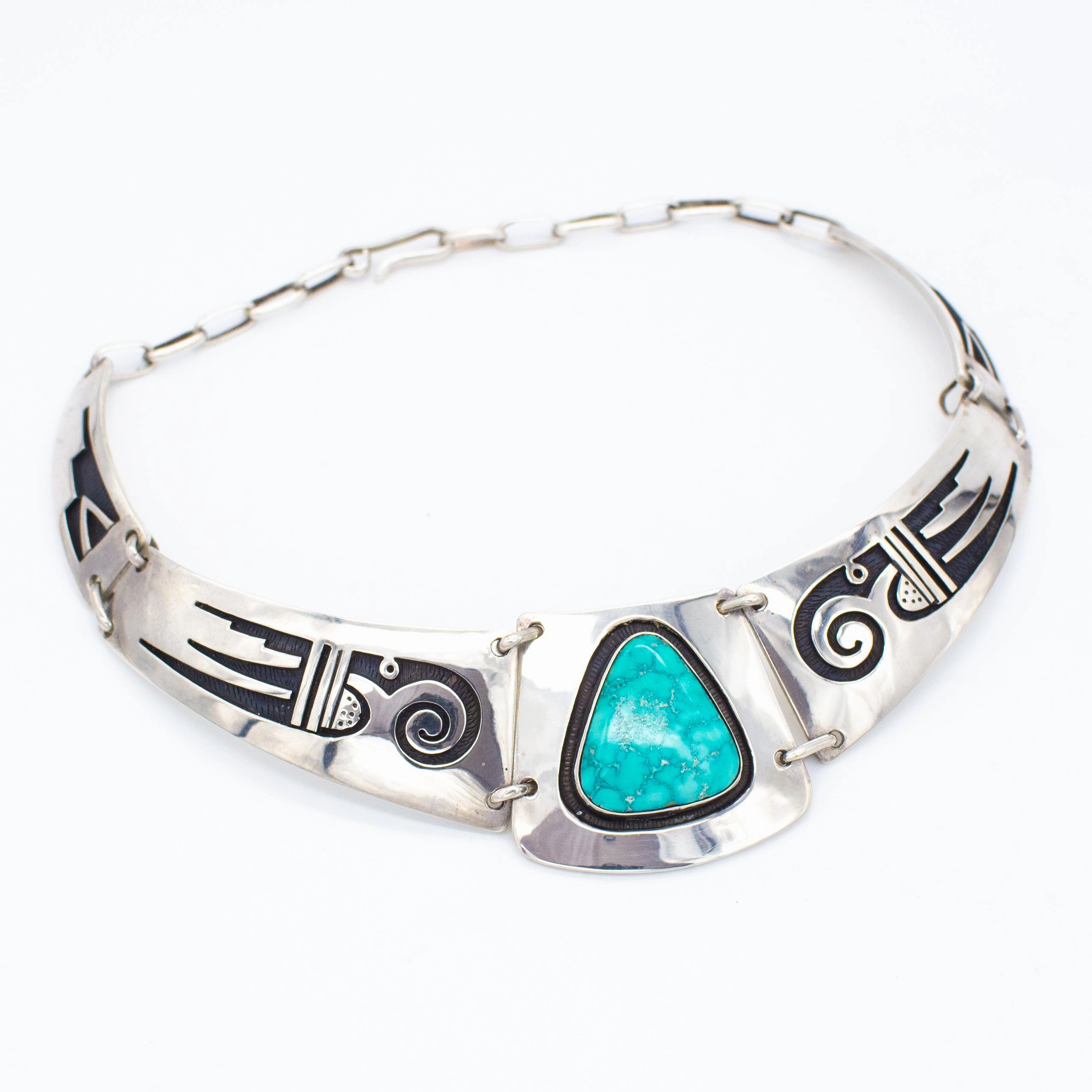 Victor Coochwytewa Hopi Handmade Sterling Silver Turquoise Necklace Polished Highlight Smooth Lines