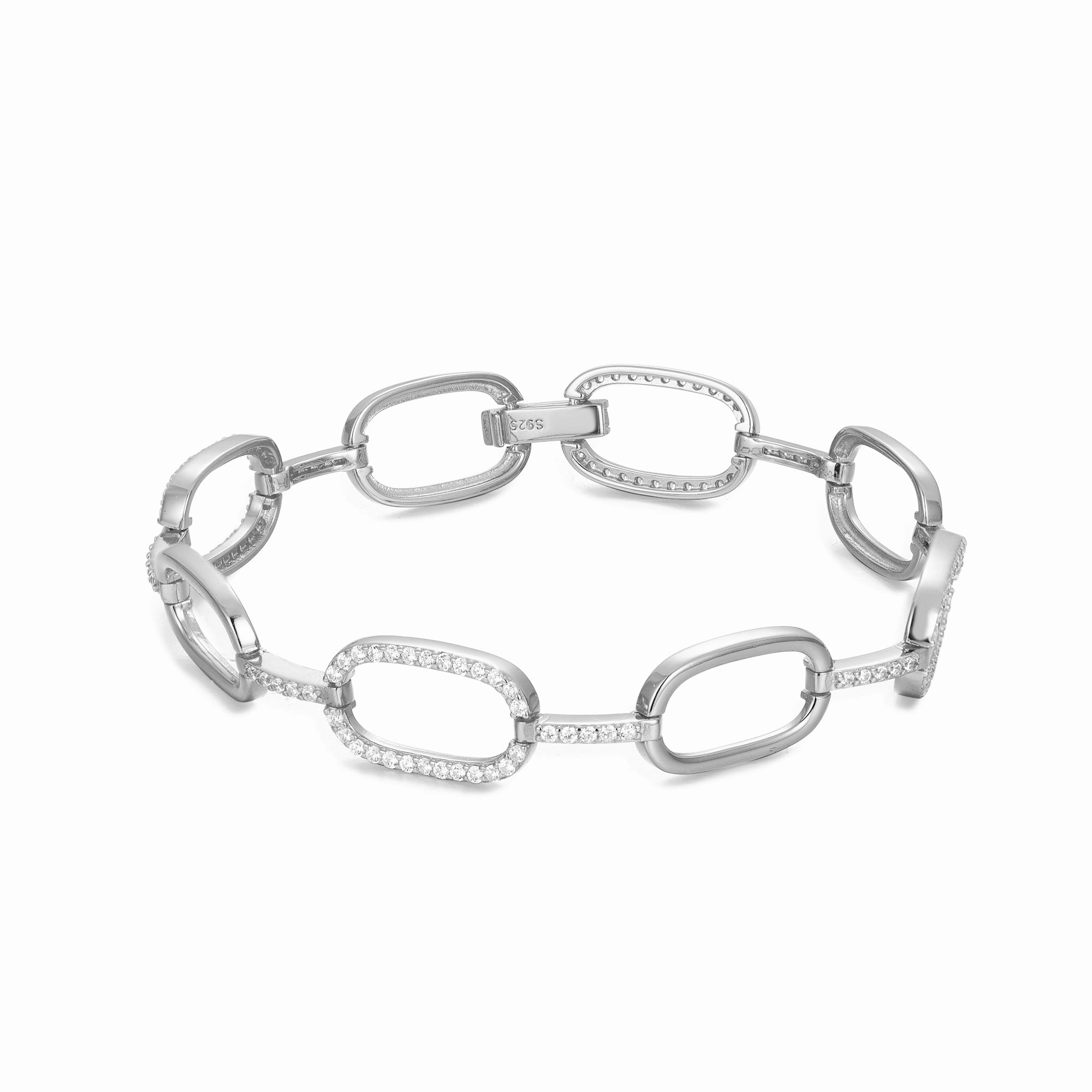 Distinct Accent Sparkling Edge Rhodium or Gold-Plated Sterling Silver Micropave CZ Oval Link Bracelet