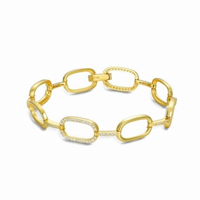 Rhodium or Gold-Plated Sterling Silver Micropave CZ Oval Link Bracelet Refined Lines