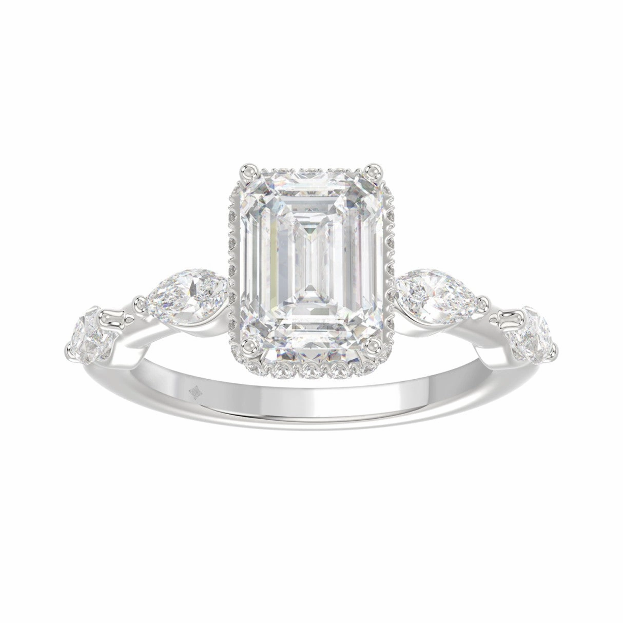 LADIES RING 3.50CT ROUND/MARQUISE/EMERALD DIAMOND 14K WHITE GOLD (CENTER STONE EMERALD DIAMOND 3.00CT) Event Favorite