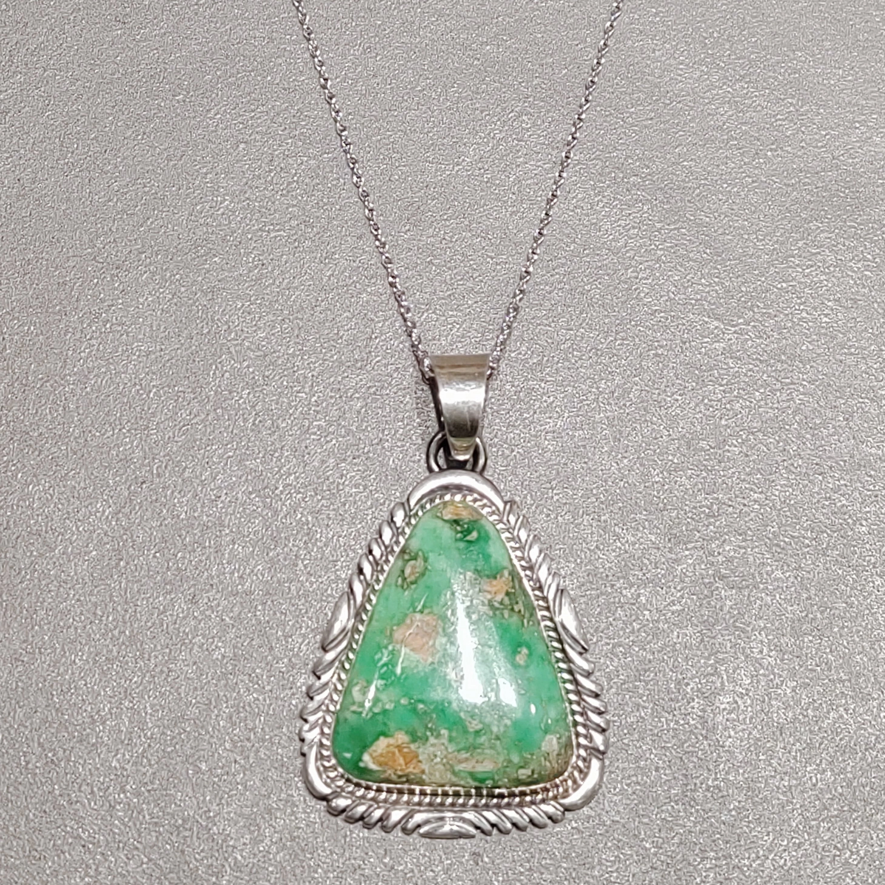 Bright Shine Cecil Atencio Navajo Green Turquoise Sterling Silver Pendant- Handmade Native American