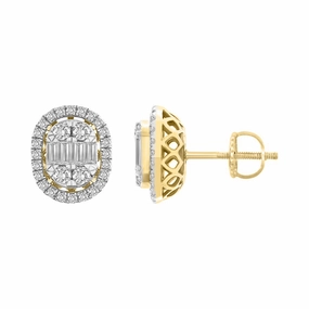 LADIES EARRINGS 0.50CT ROUND/BAGUETTE DIAMOND 14K YELLOW GOLD (SI QUALITY) Precious Finish Soft Light