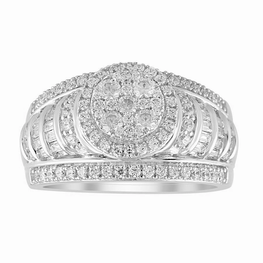 Trendy Charm LADIES RING 1.00CT ROUND/BAGUETTE DIAMOND 10K WHITE GOLD