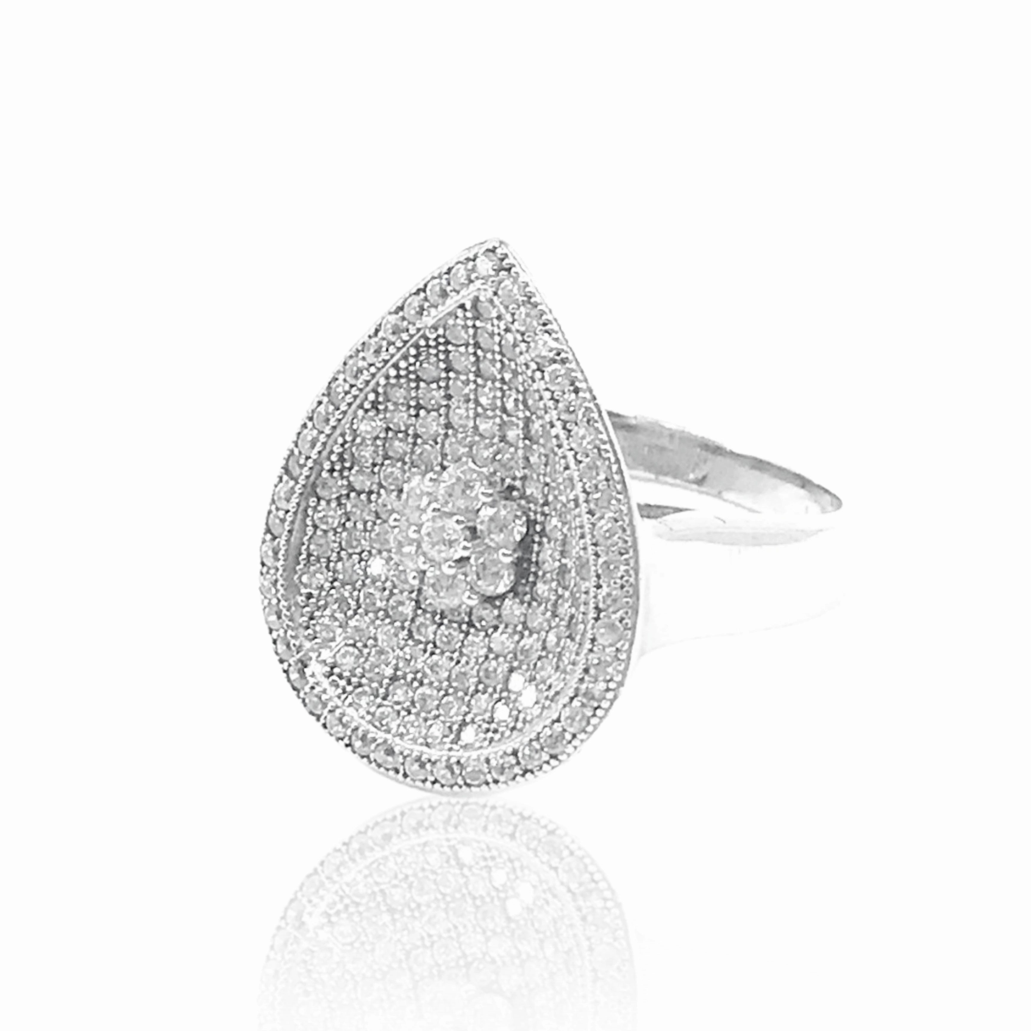 Rhodium Plated Sterling Silver Micropave CZ Teardrop Ring Statement Form