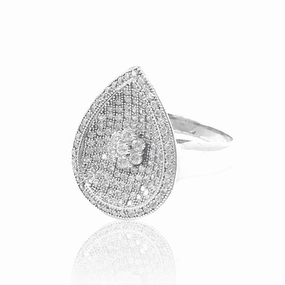 Rhodium Plated Sterling Silver Micropave CZ Teardrop Ring Statement Form