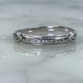 Vintage Diamond Wedding Band. 18K White Gold. April Birthstone. Stacking Ring. Bold Design