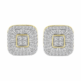 LADIES STUD EARRINGS 1.00CT ROUND/BAGUETTE DIAMOND 10K YELLOW GOLD Glistening Sparkle
