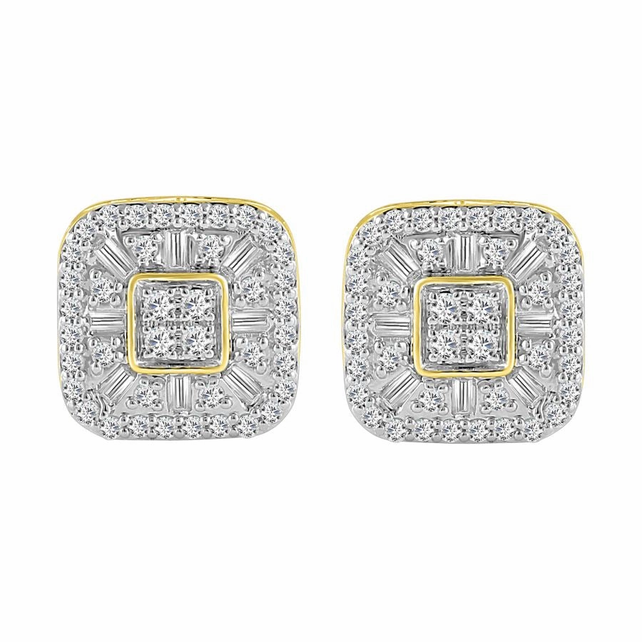 LADIES STUD EARRINGS 1.00CT ROUND/BAGUETTE DIAMOND 10K YELLOW GOLD Glistening Sparkle