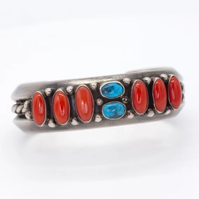 Leroy Dayea Navajo Handmade Sterling Silver Turquoise Coral Cuff Bracelet Alluring Touch