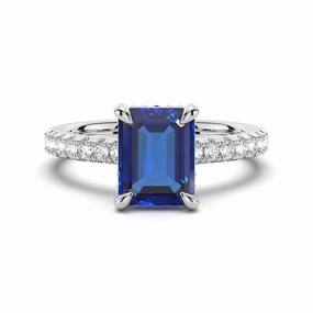 3 CT. Side Stone Lab Grown Sapphire Engagement Ring With Hidden Halo Casual Look Event Look