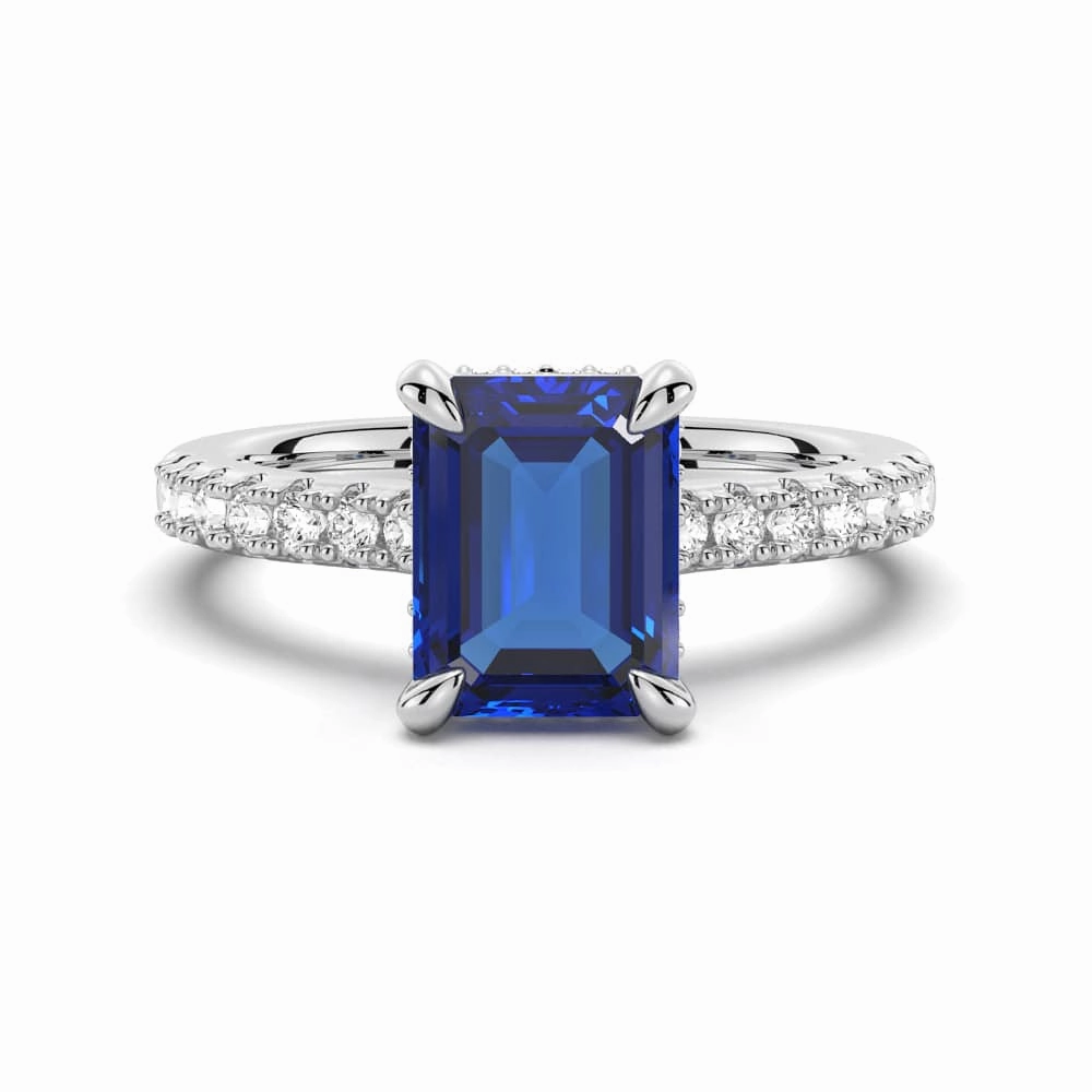 3 CT. Side Stone Lab Grown Sapphire Engagement Ring With Hidden Halo Casual Look Event Look