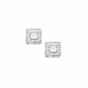 Exquisite Edge Couture Accent 14K Gold And Diamond Center Stone and 2-Tier Square Framed Stud Earring