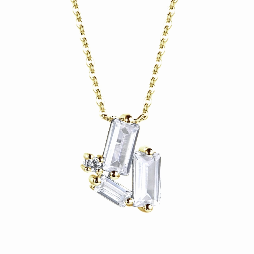 Quick Style Sterling Silver CZ Baguette Necklace with Round Stone Accents