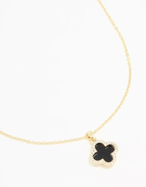 Chic Pick Gold Plated Diamante Outline Black Flower Pendant Necklace
