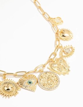 Timeless Craft Gold Plated Evil Eye & Sun Charm Pendant Necklace