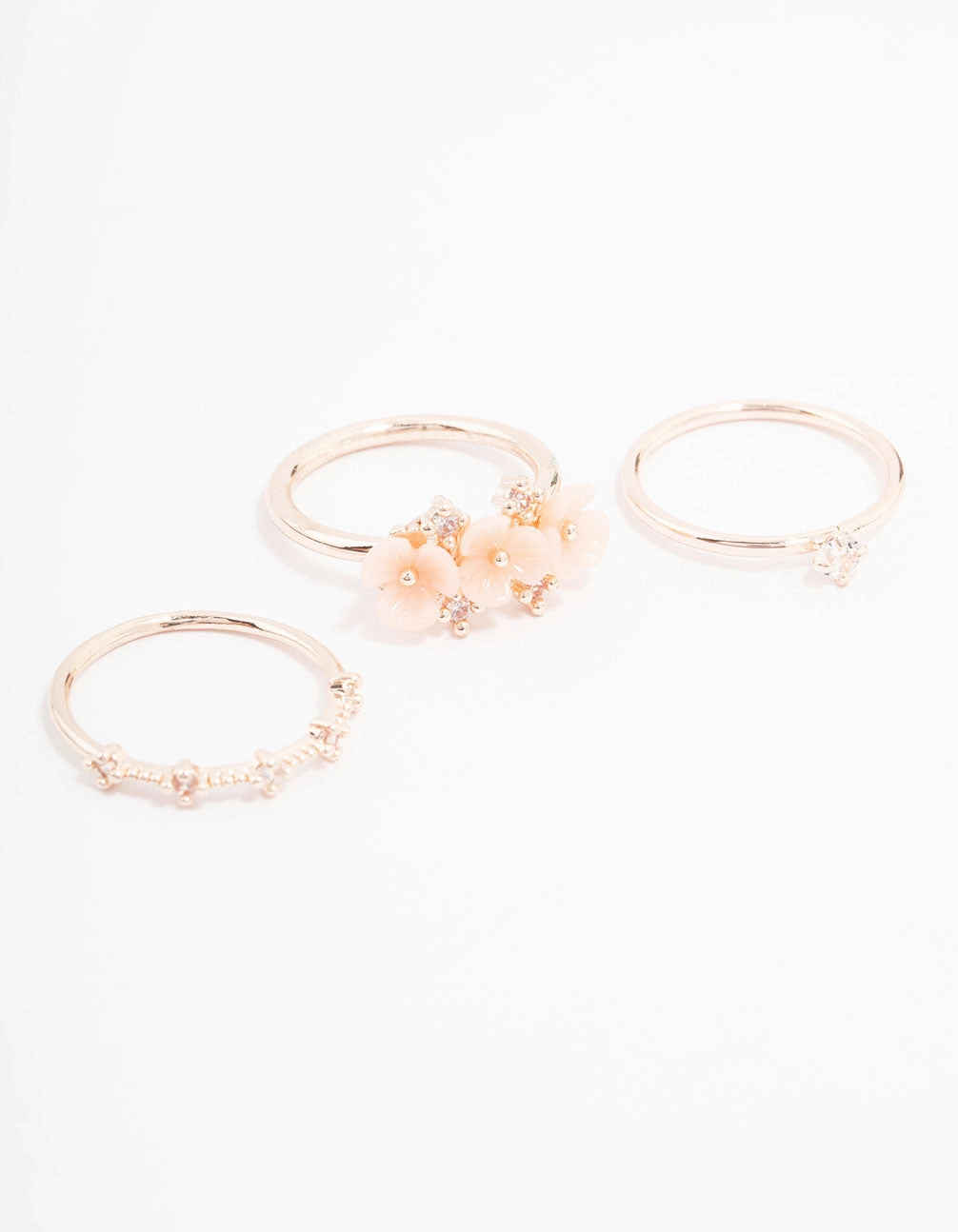 Textured Finish Soft Contrast Rose Gold Plated Triple Flower Stacking Ring Pack