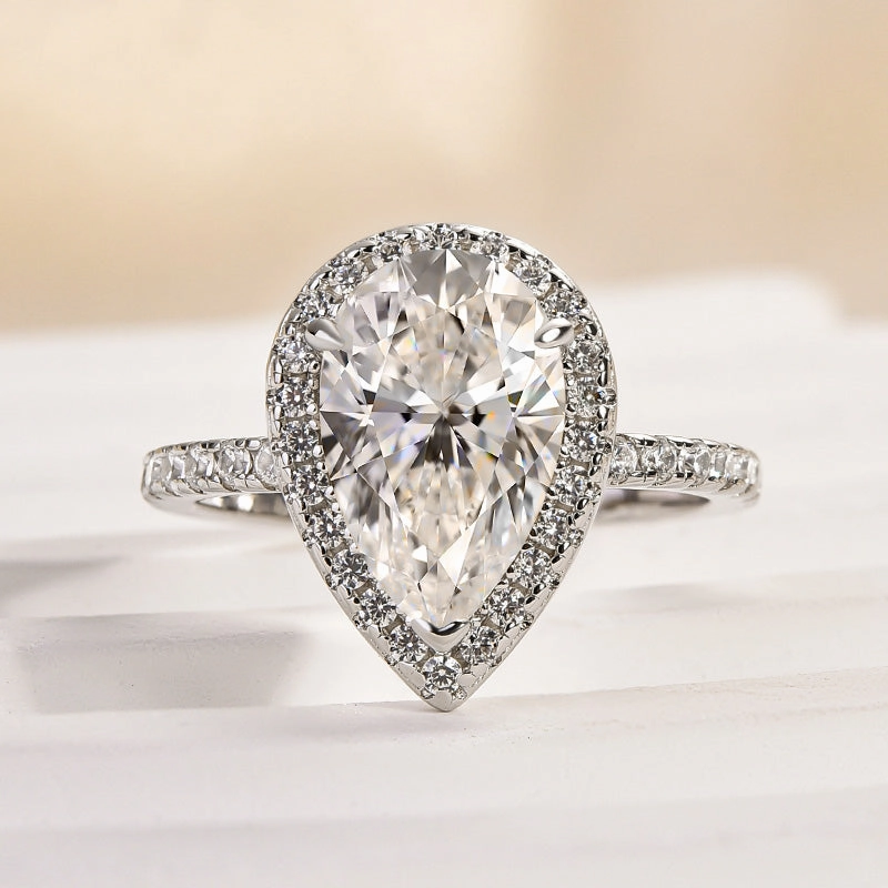 Louily Moissanite 2.5 Carat Halo Pear Cut Engagement Ring Classic Work Limited Series