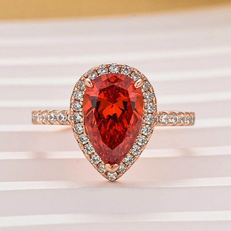 2.2 Carat Simulated Diamond Pear Cut Red Stone Halo Engagement Ring Unique Bauble