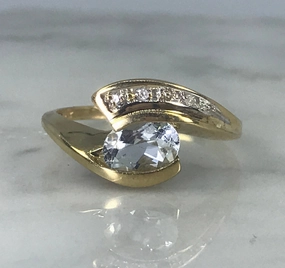 Sparkling Craftwork Aquamarine Diamond Ring. Modernist 10k Yellow Gold Setting. March Birthstone. 19th Anniversary Gift.