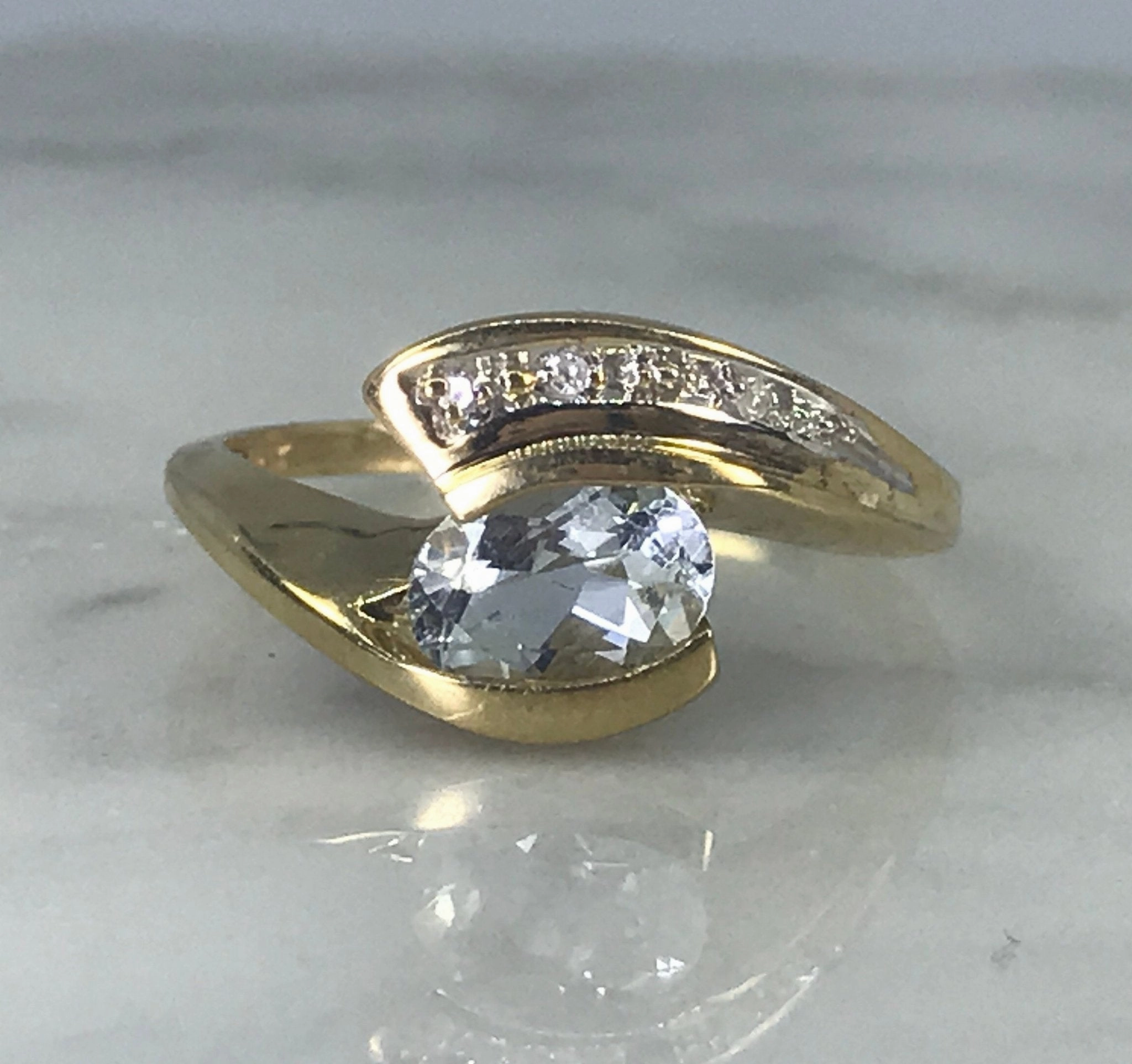 Sparkling Craftwork Aquamarine Diamond Ring. Modernist 10k Yellow Gold Setting. March Birthstone. 19th Anniversary Gift.