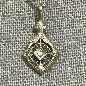 Antique Diamond Pendant. 10K White Gold Art Deco Filigree. April Birthstone. 10th Anniversary Gift. Glam Detail Daytime Look
