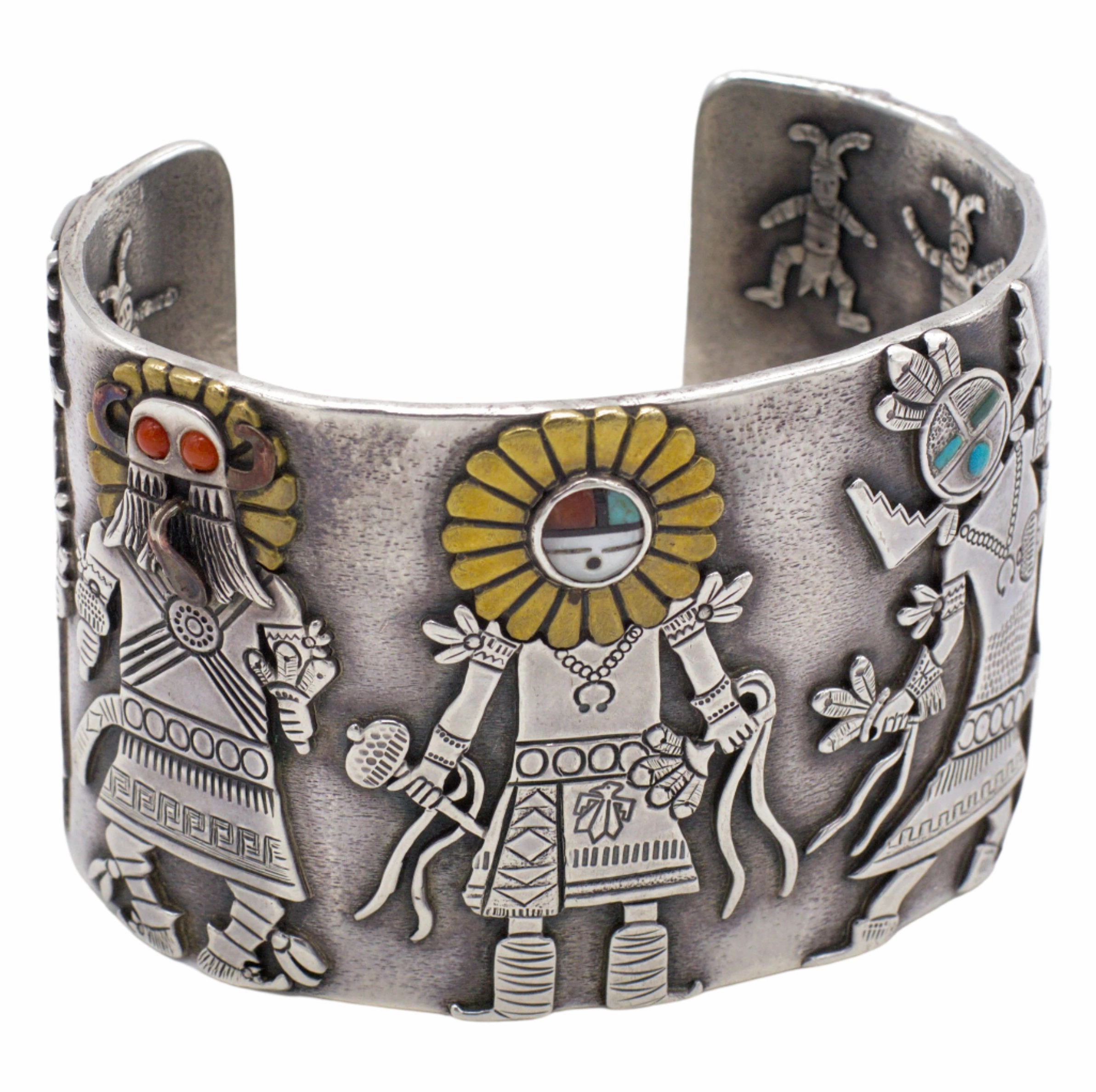 Clarence & Russell Lee Navajo Handmade Sterling Silver MOP Turquoise and Coral Cuff Bracelet Finest Craft