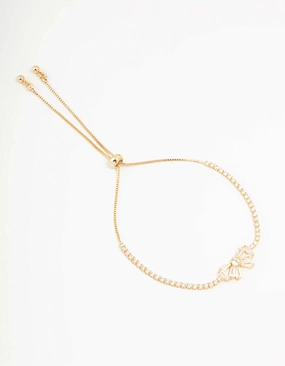 Gold Plated Cubic Zirconia Baguette Bow Toggle Bracelet Neutral Tone
