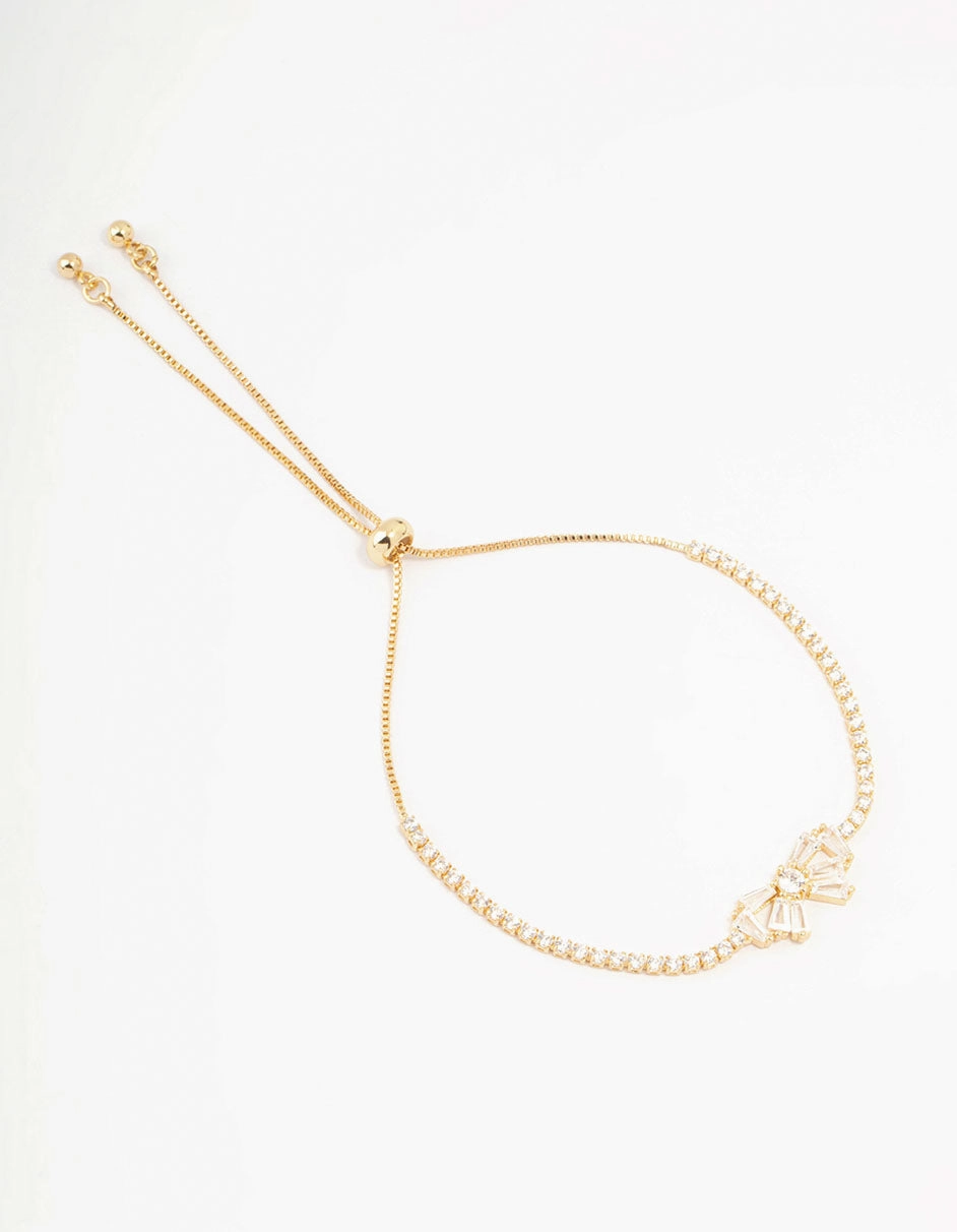 Gold Plated Cubic Zirconia Baguette Bow Toggle Bracelet Neutral Tone