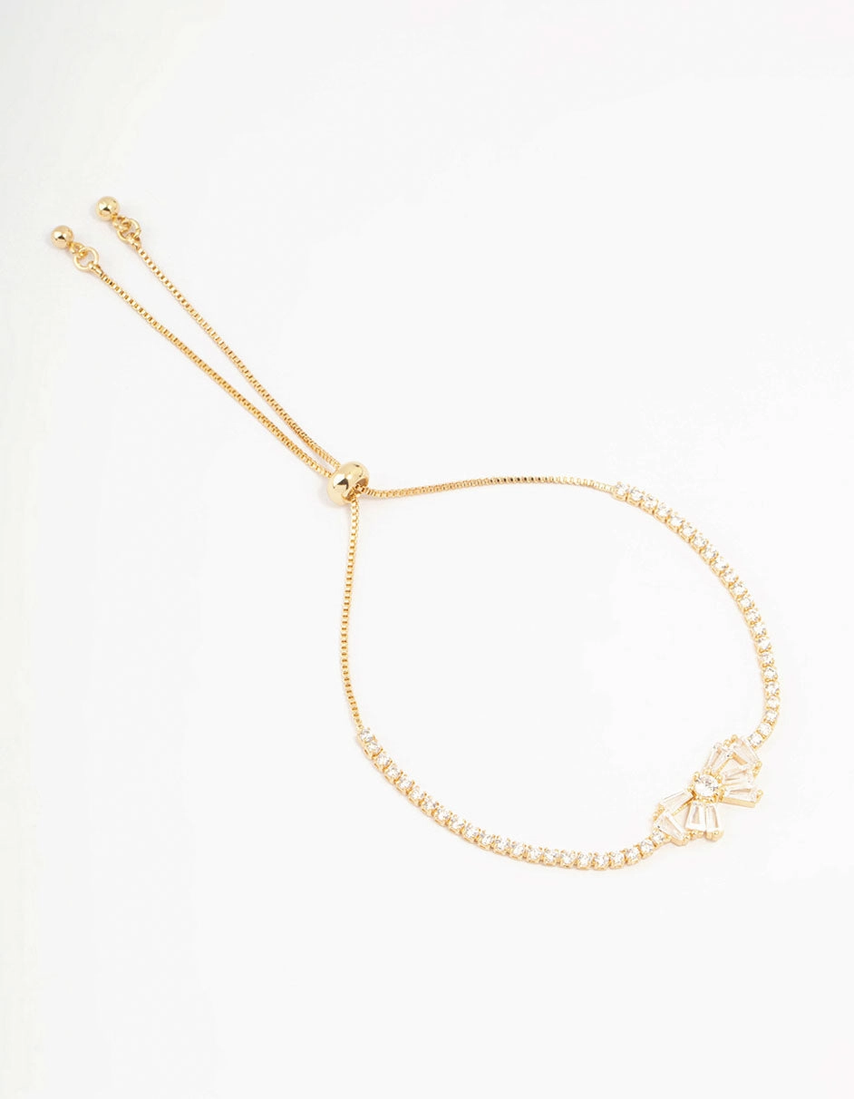 Cutting edge Tested Durability Gold Plated Cubic Zirconia Baguette Bow Toggle Bracelet